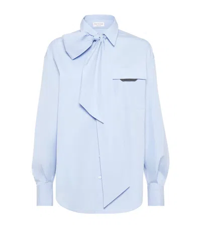 Brunello Cucinelli Cotton Poplin Pussybow Shirt In Blue