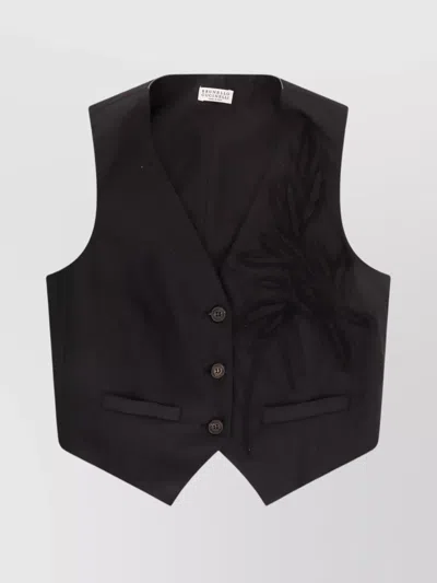 BRUNELLO CUCINELLI COTTON POPLIN VEST WITH APPLIQUÉ AND MONILI