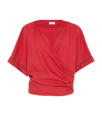 Brunello Cucinelli Cotton Poplin Wrap-over Blouse In Red