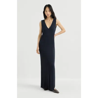 Brunello Cucinelli Cotton Rib Knit Dress With Precious Strap In Blue