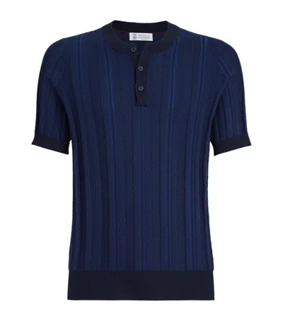 Brunello Cucinelli Jacquard-textured Rib-knit Button-fastening Polo Shirt In Blue