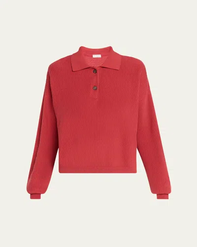 Brunello Cucinelli Cotton Rib-knit Long-sleeve Polo Sweater In Red