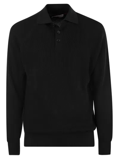 Brunello Cucinelli Men's Cotton English Rib Knit Polo With Long Raglan Sleeves In Navy Blue