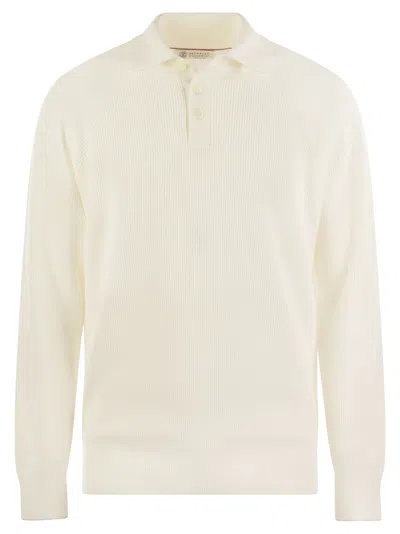 Brunello Cucinelli Cotton Rib Knit Polo Shirt With Long Raglan Sleeve In White