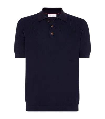 Brunello Cucinelli Cotton Rib-knit Polo Sweater In Blue