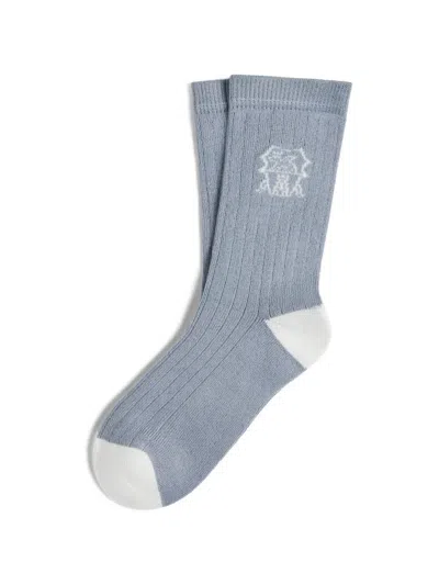 Brunello Cucinelli Kids' Cotton Rib Knit Socks With Intarsia In Blue