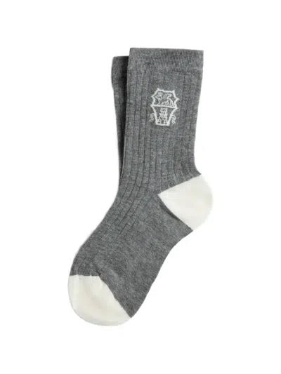 Brunello Cucinelli Kids' Cotton Rib-knit Socks With Intarsia In Gray