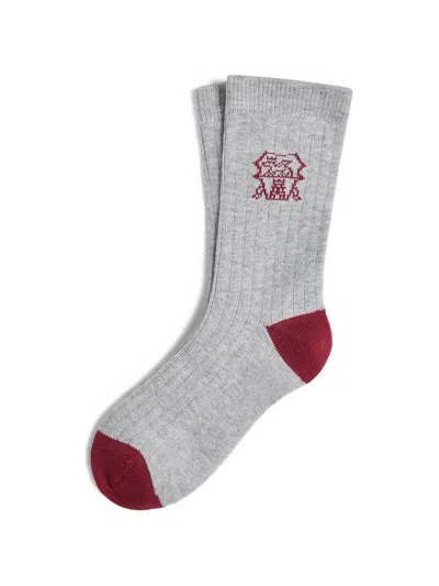 Brunello Cucinelli Kids' Cotton Rib Knit Socks With Intarsia In Gray