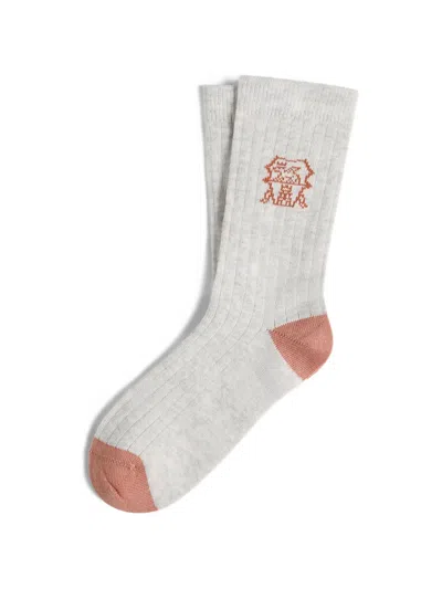 Brunello Cucinelli Kids' Cotton Rib Knit Socks With Intarsia In Gray