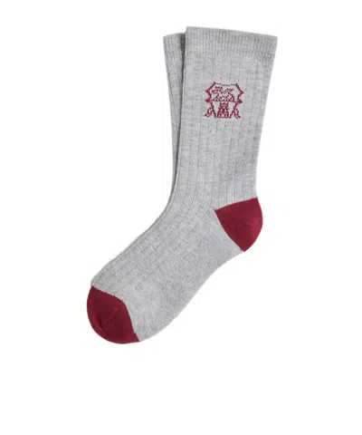 Brunello Cucinelli Cotton Rib Knit Socks With Intarsia In Gray