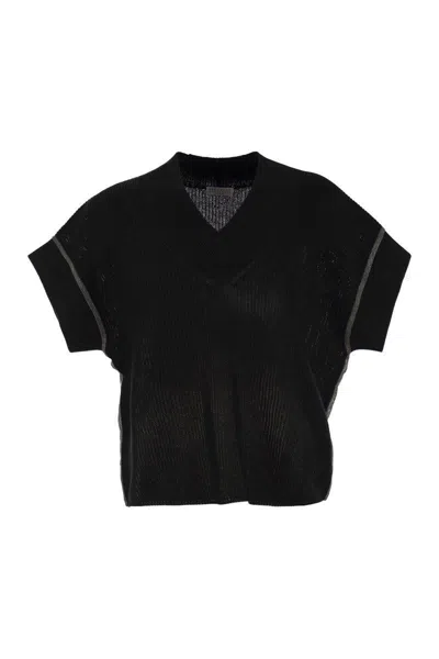 Brunello Cucinelli Cotton Rib Knit T-shirt With Precious Trims In Black