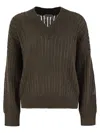 Brunello Cucinelli Cotton Openwork Rib Sweater With Monili Detail In Brown