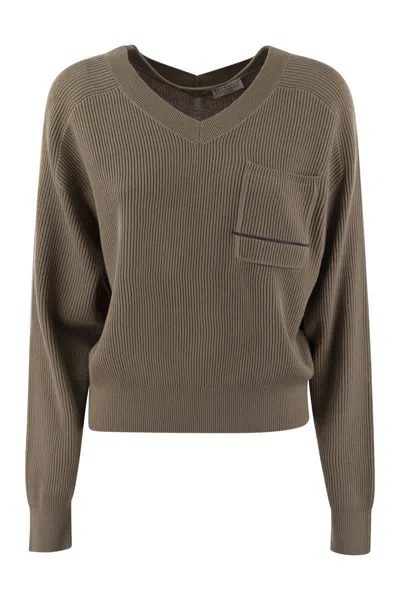 Brunello Cucinelli Cotton Rib Sweater With Jewel In Brown