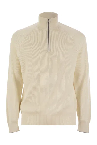 BRUNELLO CUCINELLI BRUNELLO CUCINELLI COTTON RIB SWEATER WITH ZIP OPENING AND RAGLAN SLEEVE