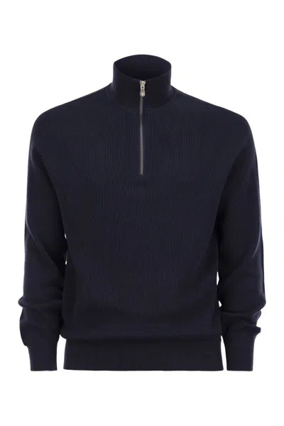Brunello Cucinelli Cotton Rib Sweater With Zip Opening And Raglan Sleeve In Navy