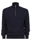 Brunello Cucinelli English Rib Cotton Sweater With Zip Opening And Raglan Sleeves In Navy