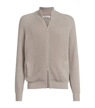 Brunello Cucinelli Cotton Ribbed Cardigan In Nude