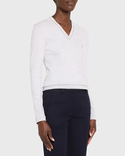 Brunello Cucinelli Cotton Ribbed Knit Top With Monili Detail In C159 Bianco