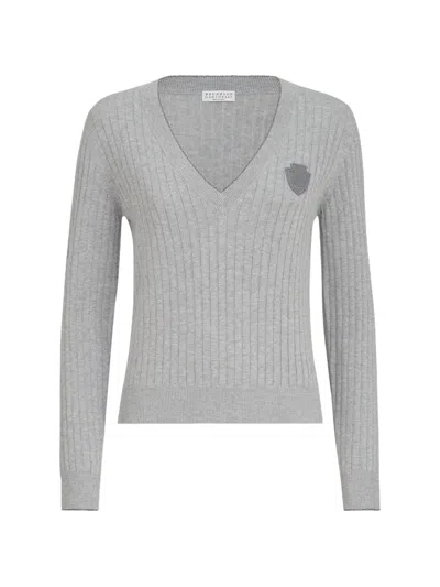 Brunello Cucinelli Cotton Ribbed Sweater With Logo In Gray