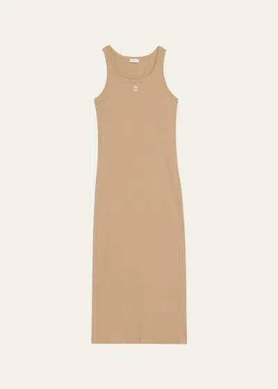 Brunello Cucinelli Cotton Ribbed Tank Dress With Crest Detail In C8644 Brown