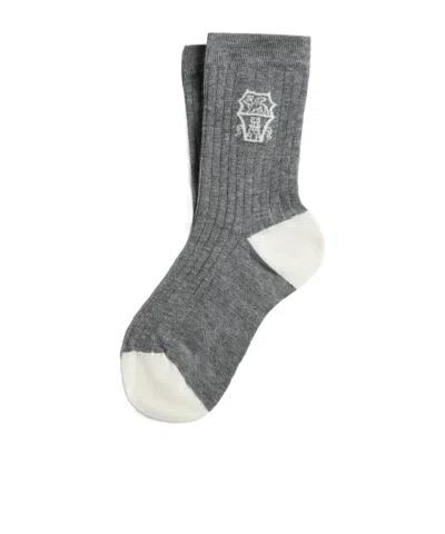Brunello Cucinelli Cotton Rib-knit Socks With Intarsia In Gray