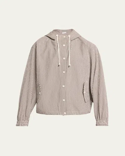 Brunello Cucinelli Cotton Seersucker Hooded Jacket In Animal Print