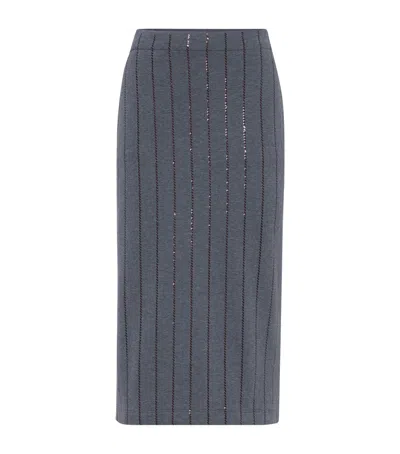 Brunello Cucinelli Cotton Sequin-stripe Midi Skirt In Gray