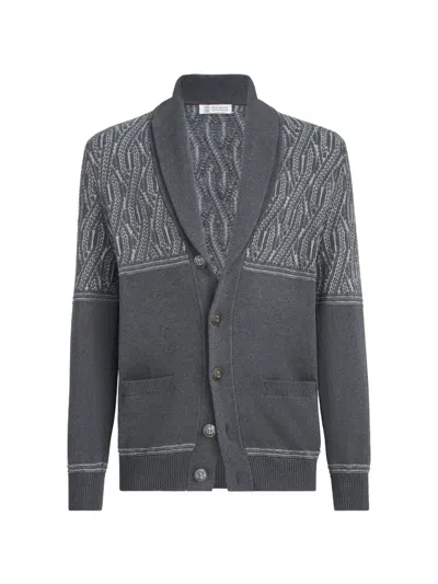 Brunello Cucinelli Cotton Shawl-collar Cardigan With Jacquard Cable Shoulder In Black