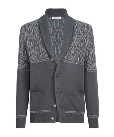 Brunello Cucinelli Cotton Shawl-collar Cardigan With Jacquard Cable Shoulder In Animal Print