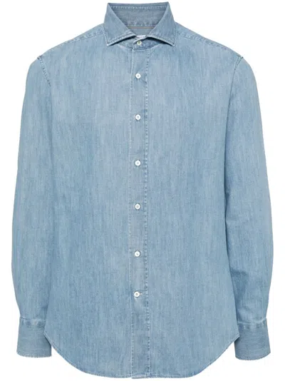 Brunello Cucinelli Men Cotton Shirt In Blue