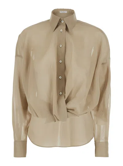 Brunello Cucinelli Beige Shirt With Classic Collar And Monil Detail On The Collar In Cotton Woman In Brown