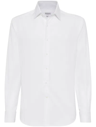Brunello Cucinelli Button-down Collar Cotton Shirt With Curved Hem In White