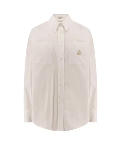 Brunello Cucinelli Cotton Shirt With Logo Embroidery In White