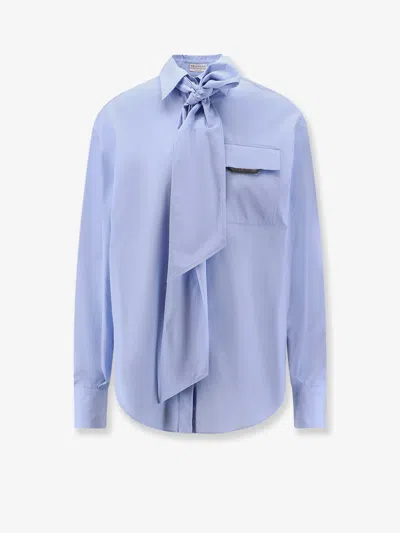 Brunello Cucinelli Cotton Shirt With Monili Detail In Blue