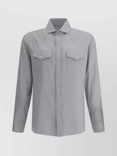 Brunello Cucinelli Cotton Shirt With Patch Pockets And Long Sleeves In Gray