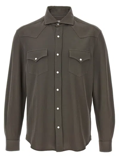 Brunello Cucinelli Cotton-silk Blend Knit Shirt With Snap Closure In Neutral