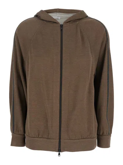 BRUNELLO CUCINELLI BROWN SWEATSHIRT WITH FIXED HOOD AND MONIL DETAIL ON THE SLEEVE IN COTTON BLEND WOMAN