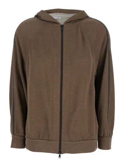 BRUNELLO CUCINELLI BROWN SWEATSHIRT WITH FIXED HOOD AND MONIL DETAIL ON THE SLEEVE IN COTTON BLEND WOMAN