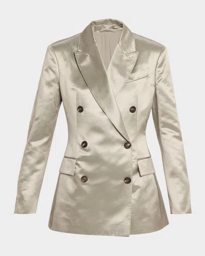 Brunello Cucinelli Cotton-silk Satin Double-breasted Blazer Jacket In Gold