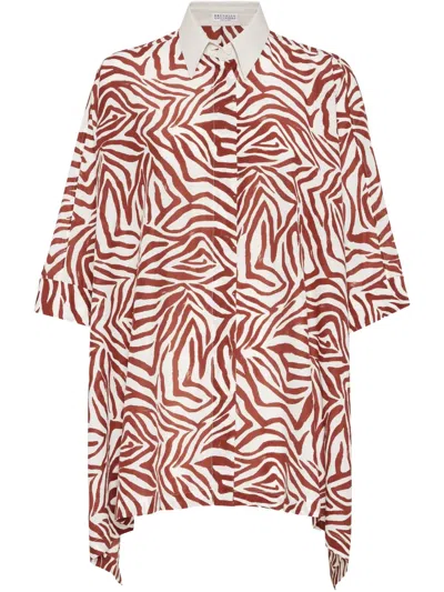 Brunello Cucinelli Women Cotton And Silk Ethnic Print Poplin Shirt With Monili In Multicolor