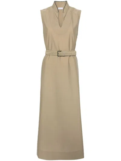 Brunello Cucinelli Monili-collar Raffia-belt Sleeveless Crinkle Cotton Maxi Dress In Bleeker Beige