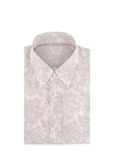 Brunello Cucinelli Cotton Slim Fit Shirt With All-over Print In Beige