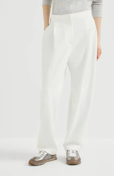 Brunello Cucinelli Cotton Smooth French Terry Pleated Track Trousers In Metallic