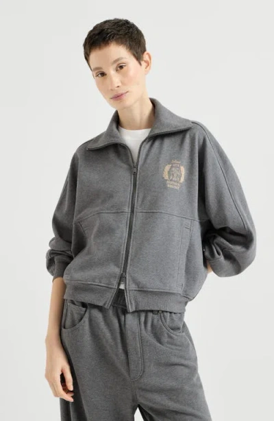 Brunello Cucinelli Cotton Smooth French Terry Sweatshirt With Zip And Embroidered Logo In Gray