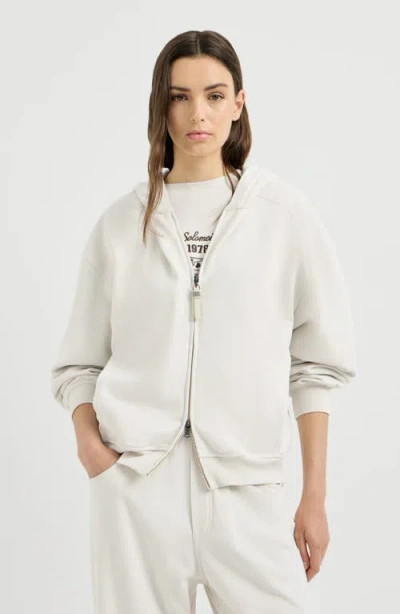 Brunello Cucinelli Cotton Smooth French Terry Topwear With Shiny Zipper Pull In White