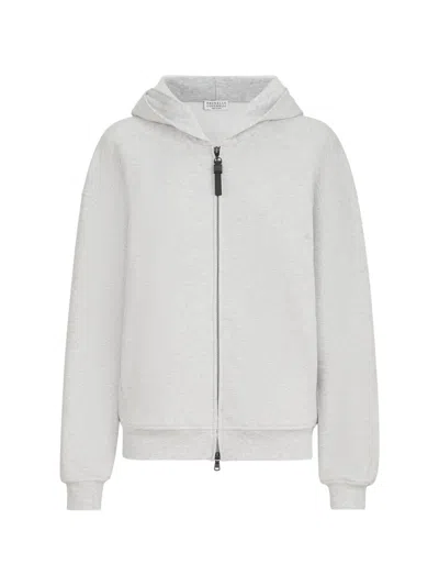 Brunello Cucinelli Cotton Smooth French-terry Topwear With Shiny Zipper-pull In Gray