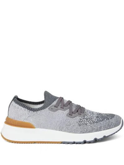 Brunello Cucinelli Cotton Sneakers In Ivory With Front Lace-up Fastening In Gray