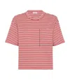 Brunello Cucinelli Red Crewneck T-shirt With All-over Striped Motif And Jewel Detail On The Front In In White