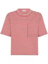 Brunello Cucinelli Red Crewneck T-shirt With All-over Striped Motif And Jewel Detail On The Front In In Red