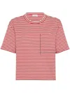 Brunello Cucinelli Red Crewneck T-shirt With All-over Striped Motif And Jewel Detail On The Front In In Red